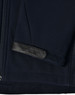 A navy softshell jacket featuring a sleek design with a leather patch on the sleeve. Includes a logo.
