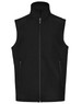 A black men's softshell hi-tech vest featuring a zip front and two side pockets, with a logo on it.