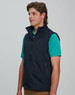 A men's softshell vest in navy blue, featuring a zip front and side pockets, worn over a green shirt.