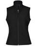 A black softshell hi-tech vest featuring a zip front and two side pockets, with a collar and a logo.