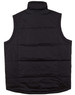 A black nylon rip-stop padded vest with a high collar and quilted design, featuring a logo.