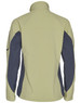 A softshell jacket in light green with navy contrasting panels, featuring a collar and long sleeves. It has a logo.