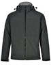 A dark green softshell full zip hoodie featuring a hood, zippered front, and pockets, with a logo on it.