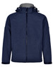A navy blue men's softshell full zip hoodie with a grey interior and a hood. It features a logo on the front.