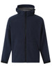 A navy blue softshell full zip hoodie featuring a grey interior and a hood, with a logo on the front.