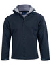 A kids' softshell full zip hoodie in navy blue, featuring a grey interior and a logo on the chest.