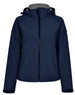 A navy blue ladies' softshell full zip hoodie with a hood and a subtle texture. It features a logo on the front.
