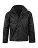 A black ladies' versatile jacket featuring a hood and zip pockets, with a logo on the front.