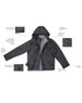 A versatile black jacket with a detachable hood, adjustable cuffs, and several functional features. It has a logo.