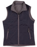 A dark grey versatile vest with a high collar and two zippered pockets. It features a logo on the chest.