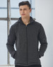 Men's heather bonded fleece jacket in dark grey, featuring a zip front and hood, with a logo on the sleeve.