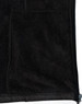 A textured black fleece jacket featuring a zip closure and front pockets. It has a logo on the fabric.