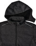 A men's heather bonded fleece jacket in dark grey with a hood and zippered front. Features a logo and reflective details.