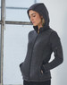 A ladies' heather bonded fleece jacket in dark grey, featuring a zip front and a hood. The jacket has a logo.