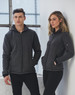 A black heather bonded fleece jacket displayed on models, featuring a zip front and pockets.