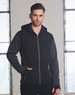 A men's jacket featuring a heather sleeve, quilted body, with a hood in black and grey tones. Includes a logo.
