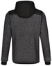 A black and grey men's jacket with a hood, featuring a quilted body and heathered sleeves. It has a logo on it.