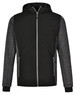 A men's jacket featuring a quilted body in black and grey with a hood and zippered front. It has pockets and a logo.