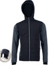 A black and grey men's heather sleeve quilted body jacket with a hood and zipped pockets. Features a logo.