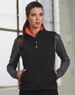 A softshell vest in black and grey with an orange lining and zipper, featuring a logo and pockets.