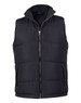 A heavy quilted vest in black with a zip front and side pockets. It features a logo on the inside.