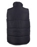 A heavy quilted vest in black, featuring a high collar and a simple design. Includes a logo on the back.