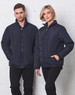 A navy puffer jacket is worn by a man and woman, standing side by side against a light backdrop.