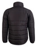 A heavy quilted jacket in black, featuring a puffer design and a high collar. It has a logo on the back.