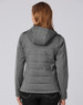 A grey, ladies' cationic quilted jacket with a hood, featuring a fitted design and a logo on the back.