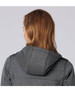 A grey quilted jacket with a hood, featuring a sleek design and visible stitching details at the back.