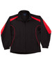 A track jacket in black with red detailing, featuring pockets and a collar, and a logo on the chest.