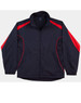 A black and red track jacket with a zip front and elastic cuffs, featuring a logo on the chest.