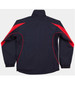 A warm-up jacket in navy with red accents, featuring a logo on the back and elastic cuffs.