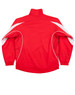 A red track jacket with white accents and a high collar, featuring a logo on the front.
