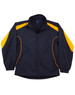 A black and yellow kids' warm-up jacket featuring a zip front and elastic cuffs, with a logo on the inside neckline.