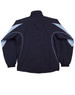 A navy track jacket featuring light blue accents and a logo, with a high collar and elastic cuffs.