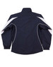 A track jacket in navy blue with white accents, featuring a high collar and elastic cuffs. It has a logo on it.
