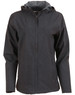 A ladies' waterproof performance jacket in dark grey, featuring a hood and a logo on the front.