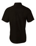 A black short sleeve shirt with a button-up design, featuring a hidden logo.