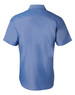 A blue short sleeve button-up shirt with a simple design and a logo on the back.