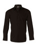 A black long sleeve button-up shirt with a chest pocket and a logo tag on the collar.