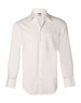 A white long sleeve button-up shirt with a front pocket and a collar, featuring a logo.