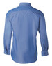 A blue long sleeve button-up shirt with a smooth finish and a back view featuring a logo.