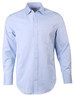 A light blue long-sleeve button-up shirt with a single chest pocket and a logo on the collar.
