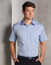 A light blue short sleeve button-up shirt with a single chest pocket and a branding logo.