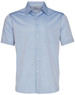A light blue short sleeve button-up shirt with a chest pocket and a logo.