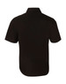 A black short-sleeve button-up shirt with a straight back design and a collar. It features a logo.