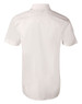 A white men's short-sleeve button-up shirt with a smooth finish, featuring a logo on the back.