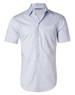Light blue short-sleeve button-up shirt with a single chest pocket and collar, featuring a logo.