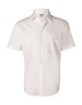 A white short-sleeve button-up shirt with a chest pocket and a collar, featuring a brand logo.